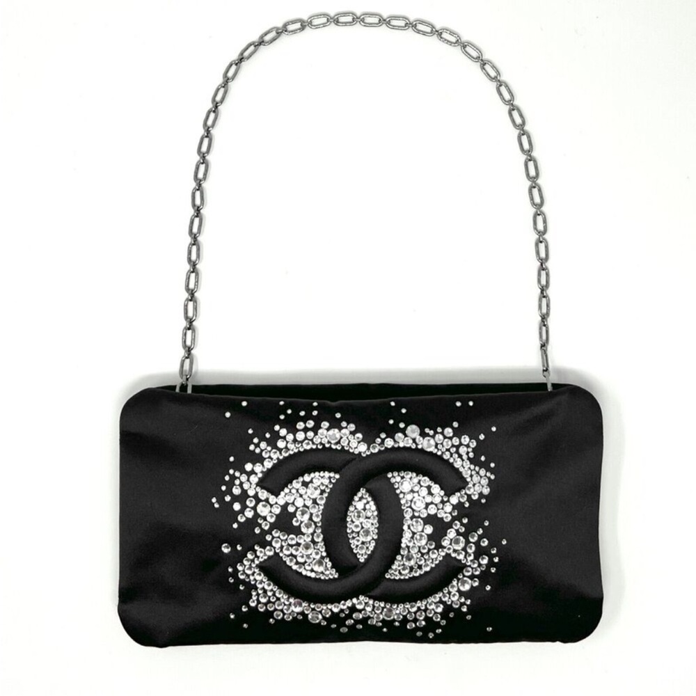 CHANEL 🖤 Rare Diamonte Swarovski Crystal Studded CC Black Satin Silk Chain Bag - Picture 2 of 16